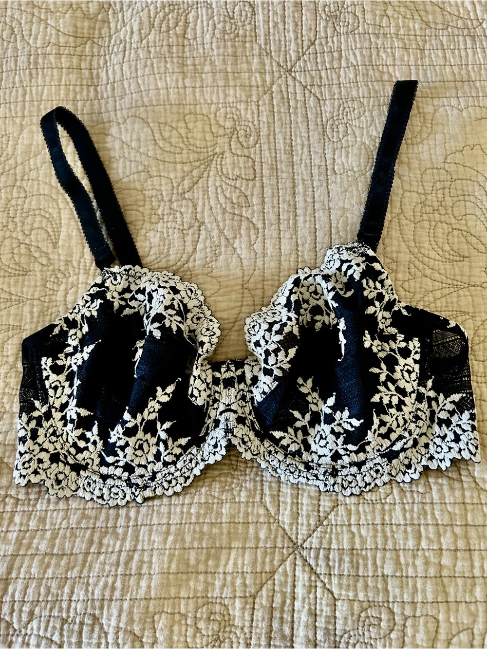 Black Bra with White Floral Lace Overlay - Underwire Support